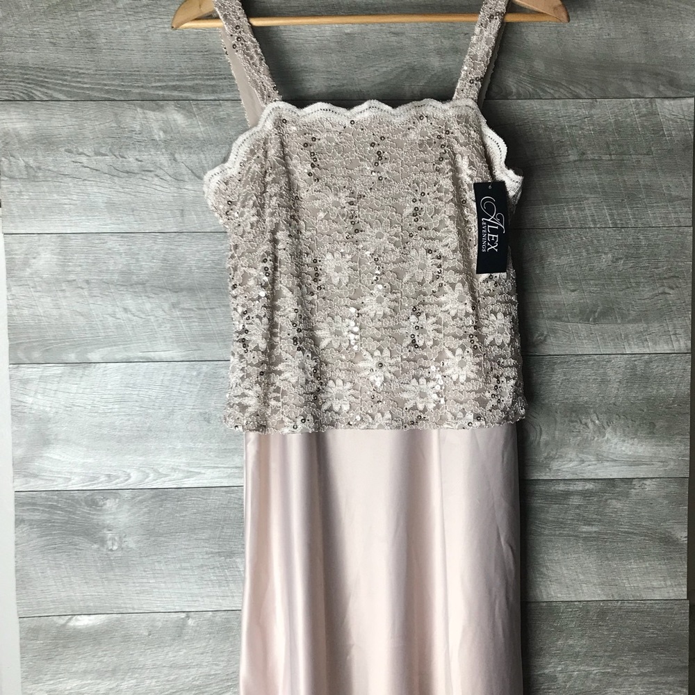 Alex evening gold sequin lace satin overlay gown - Picture 2 of 8